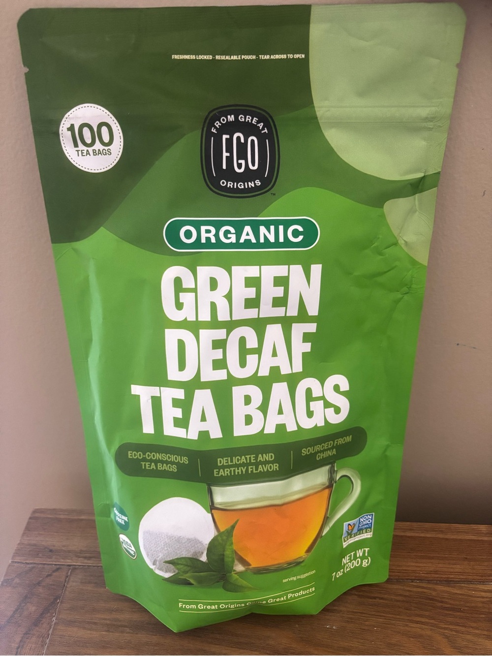 NWT FGO Organic Non GMO Green Decaf Tea Bags 100 Count Eco Conscious No Dyes